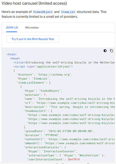 Ảnh chụp màn hình của trang web có ví dụ về dữ liệu có cấu trúc videoobject json-ld. đoạn văn bản và đoạn mã hiển thị rõ ràng nhằm giải thích cách triển khai dữ liệu có cấu trúc cho video về xe đạp tự lái.